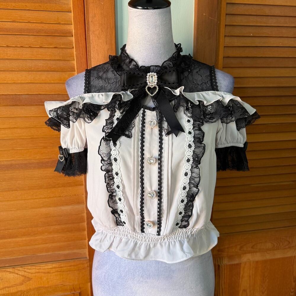 J-fashion Jirai Kei Gyaru Ryosangata Harajuku Pink Black Bow Heart Blouse Top